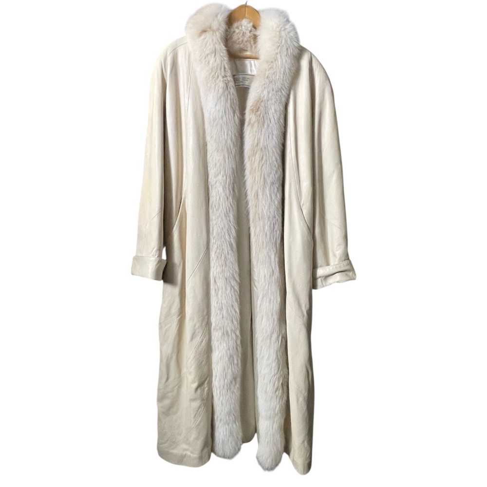 Women’s Cream Long Leather Coat with Fur Trim